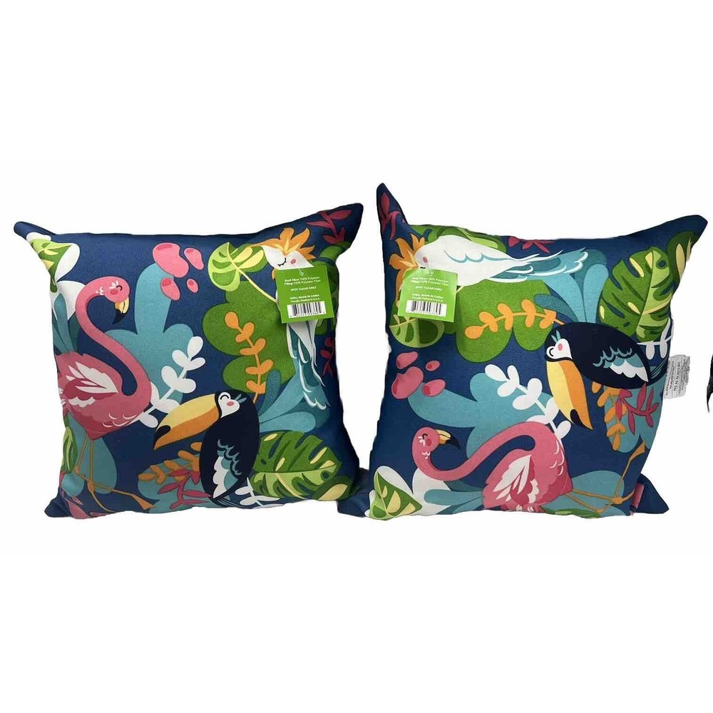 2 Throw Pillows Outdoor Tropical Birds Blue 16 X 16 New